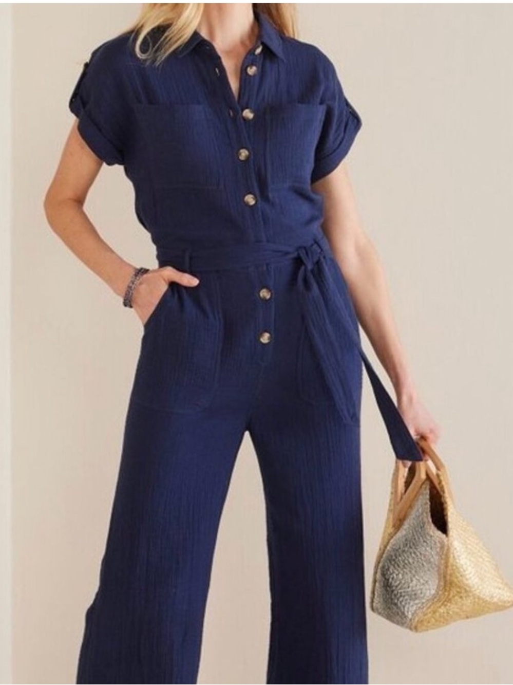 Soft Surroundings Navy Natasha Gauze Jumpsuit Size L NWT